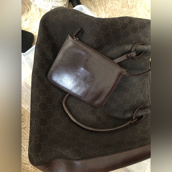 GUCCI Chocolate Denim Tote with Leather Pouch - Picture 6 of 14